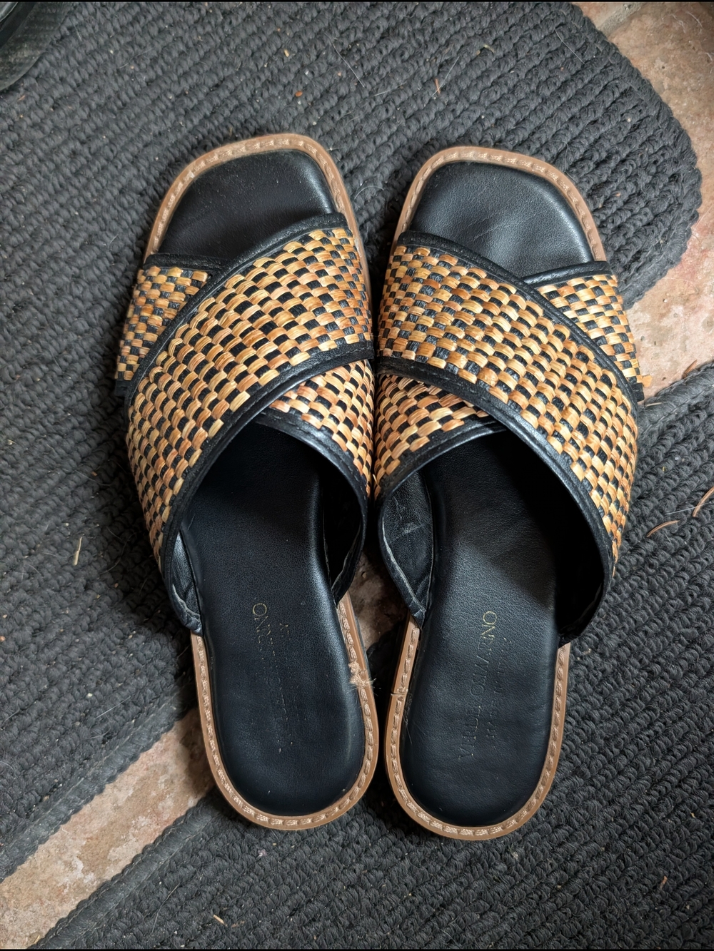 Italian Woven Black and Tan Slide Sandals - Women
